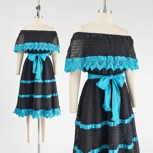 Vintage 80s Lace Mexican Black and Blue Boho Off the Shoulder Peasant Dress S M